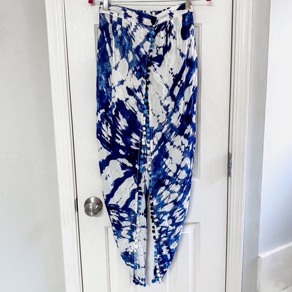 A&B • Blue + White Tie Dye Pom Pom Flowy Beach Swim Coverup Pants
